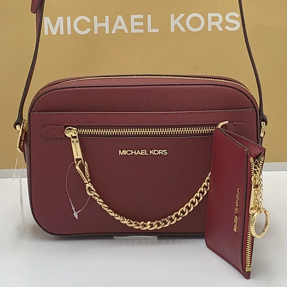 MICHAEL KORS LARGE EW ZIP CHAIN CROSSBODY DARK CHERRY & SM  TZ COINPOUCH MULBERR - Picture 3 of 16